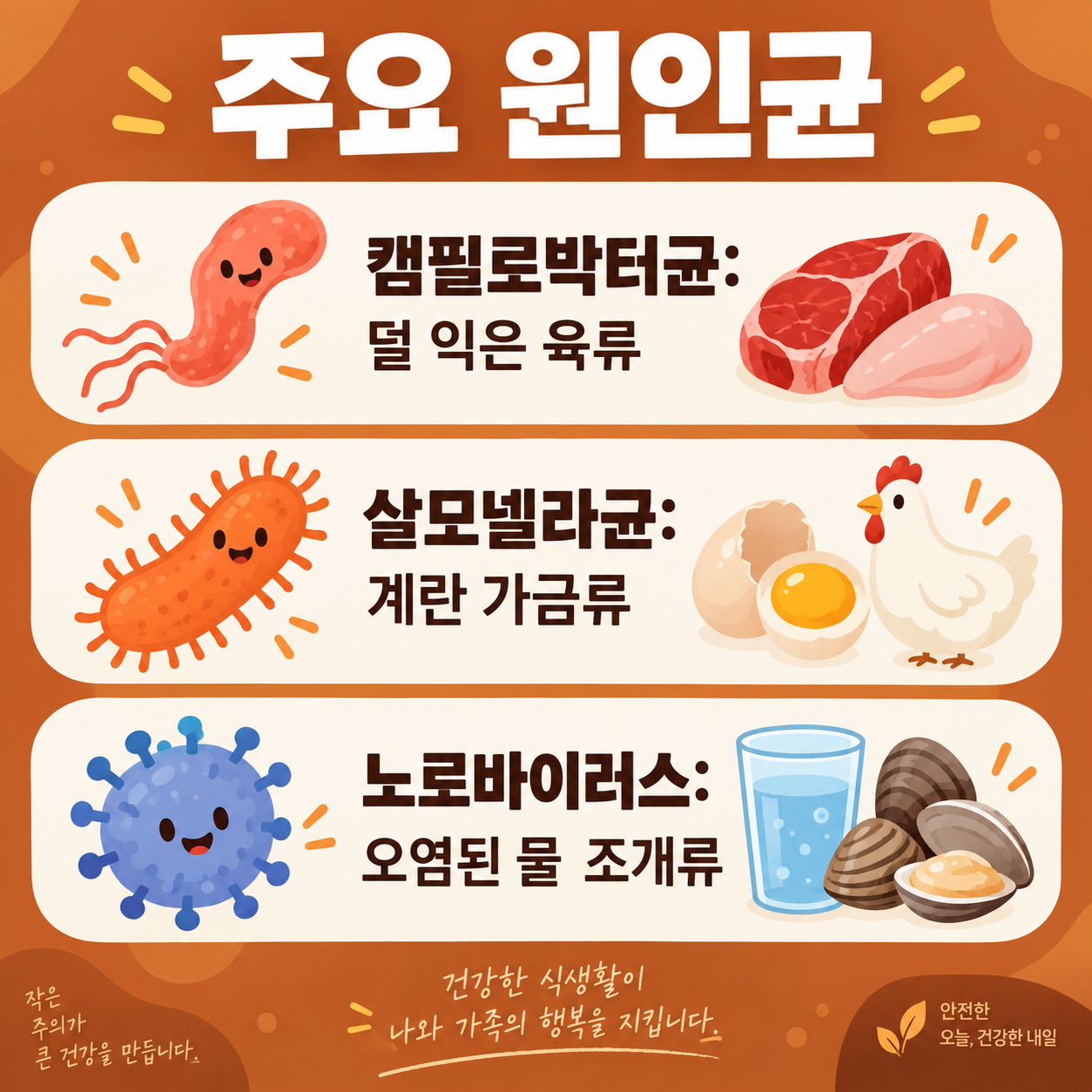 가을철 식중독 원인과 예방법, 일교차 주의보 2 가을철 식중독 주요 원인균을 설명하는 카드뉴스 이미지