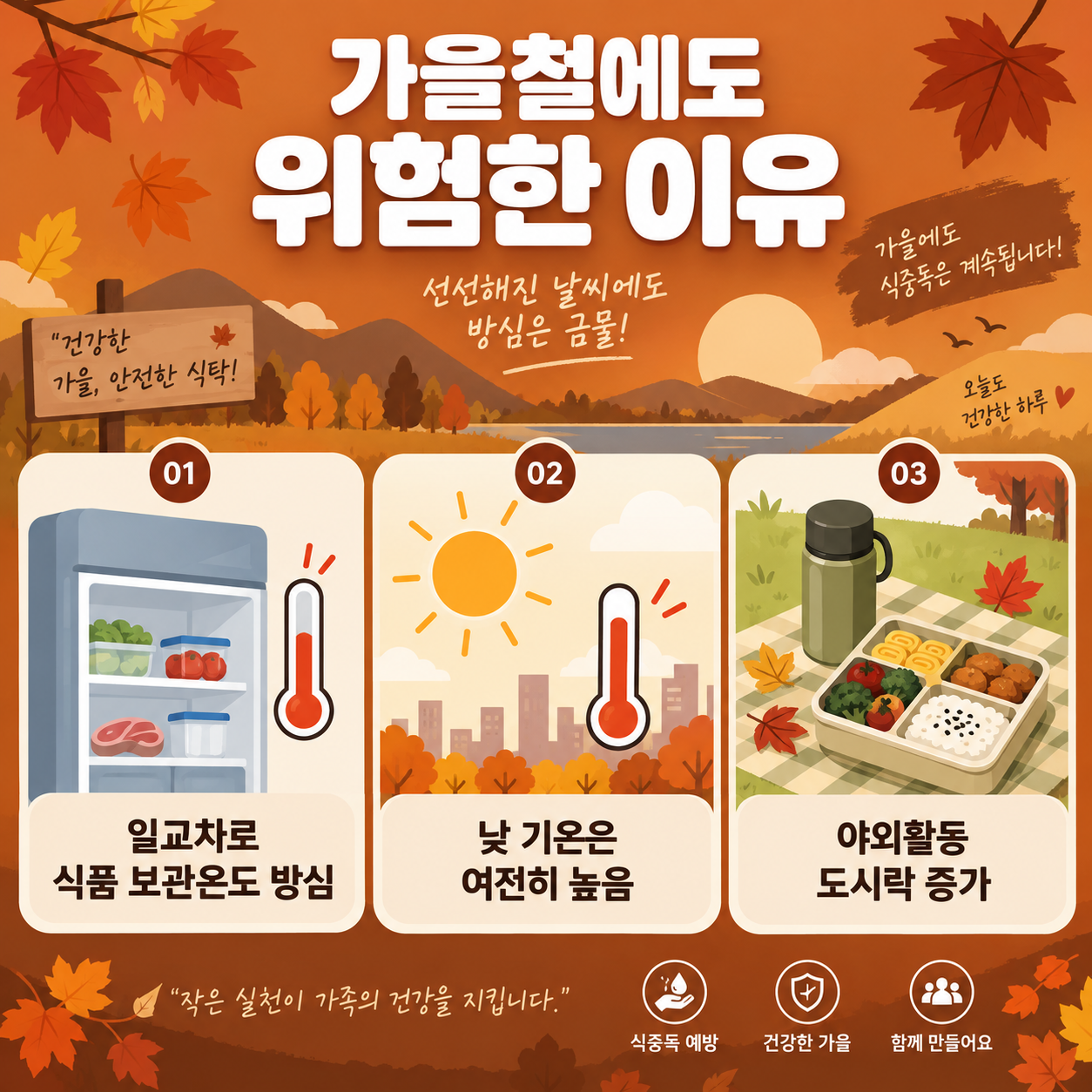 가을철 식중독 원인과 예방법, 일교차 주의보 1 가을철에도 식중독이 위험한 이유를 설명하는 카드뉴스 이미지