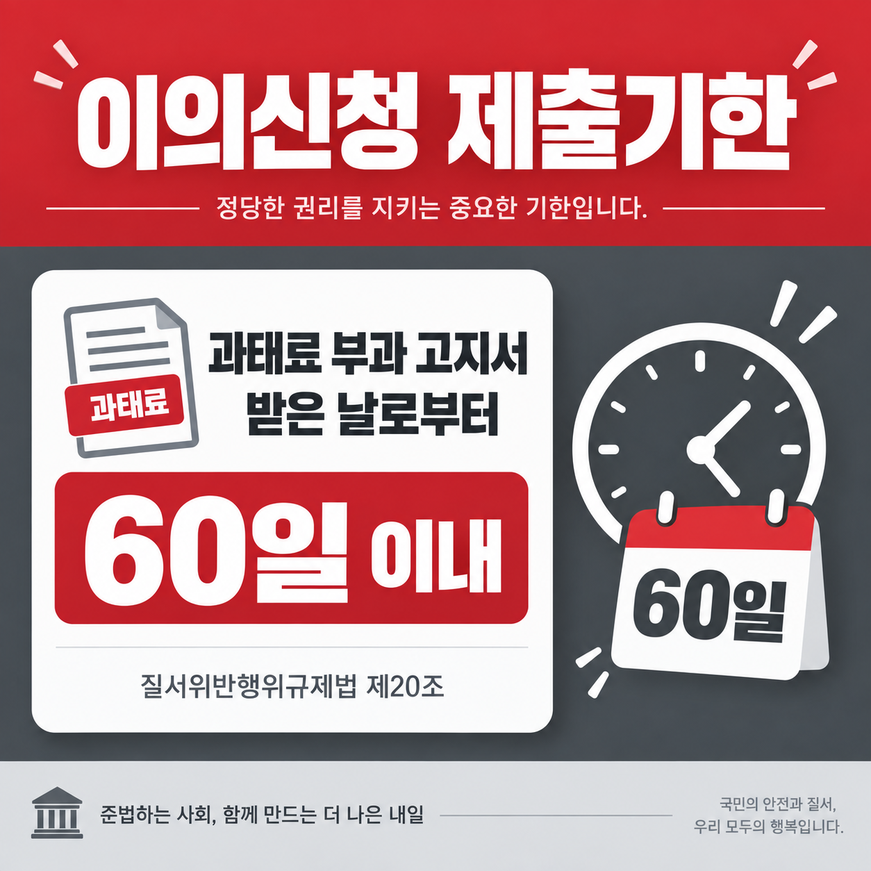 주정차위반 과태료 이의신청 제출기한을 설명하는 카드뉴스 이미지