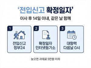 전입신고 확정일자 인터넷 신청, 이사 당일에 끝내야 하는 이유 7 전입신고 확정일자 절차 카드뉴스 - 1단계 전입신고 정부24, 2단계 확정일자 인터넷등기소, 3단계 대항력 다음날 0시 발생, 14일 초과 시 과태료 5만원 이하
