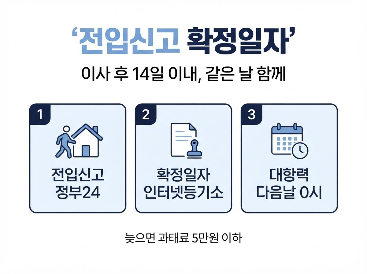 전입신고 확정일자 인터넷 신청, 이사 당일에 끝내야 하는 이유 1 전입신고 확정일자 절차 카드뉴스 - 1단계 전입신고 정부24, 2단계 확정일자 인터넷등기소, 3단계 대항력 다음날 0시 발생, 14일 초과 시 과태료 5만원 이하