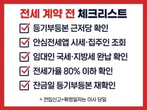 전세사기 예방 체크리스트, 2026년 10월 전세보증 개편 내용까지 6 전세 계약 전 체크리스트 카드뉴스 - 등기부등본 근저당 확인, 안심전세앱 시세와 집주인 조회, 임대인 국세 지방세 완납 확인, 전세가율 80% 이하 확인, 잔금일 등기부등본 재확인
