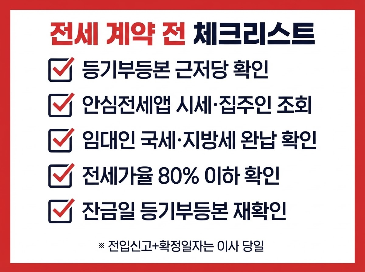 전세사기 예방 체크리스트, 2026년 10월 전세보증 개편 내용까지 1 전세 계약 전 체크리스트 카드뉴스 - 등기부등본 근저당 확인, 안심전세앱 시세와 집주인 조회, 임대인 국세 지방세 완납 확인, 전세가율 80% 이하 확인, 잔금일 등기부등본 재확인
