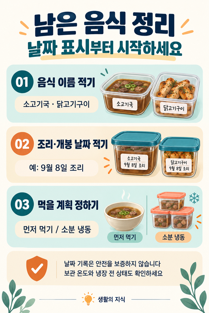 남은 음식 냉장 보관기간, 국·고기·피자는 며칠까지? 2 남은 음식 날짜 표시법: 음식 이름과 조리·개봉 날짜를 적고 먼저 먹기 또는 소분 냉동 계획 정하기