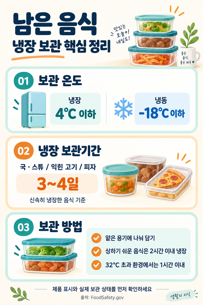 남은 음식 냉장 보관기간, 국·고기·피자는 며칠까지? 1 남은 음식 보관 핵심: 냉장 4°C 이하, 국·스튜·익힌 고기·피자 3~4일, 얕은 용기에 신속히 냉장