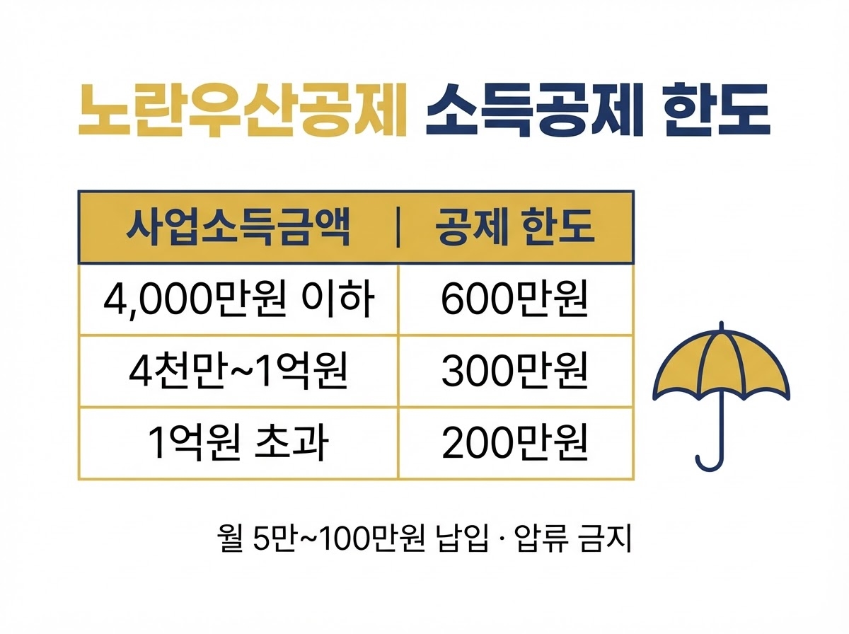 노란우산공제 소득공제 한도 600만원, 가입 전 확인할 것들 1 노란우산공제 소득공제 한도 표 카드뉴스 - 사업소득금액 4,000만원 이하 600만원, 4천만~1억원 300만원, 1억원 초과 200만원, 월 5만~100만원 납입, 압류 금지