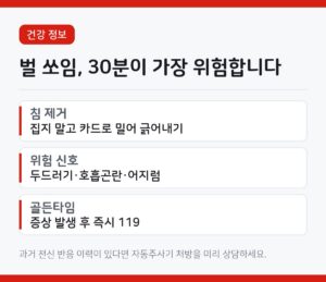 벌 쏘임 응급처치, 신용카드로 침을 긁어내야 하는 이유 5 벌 쏘임 응급처치를 정리한 카드뉴스. 카드로 침 긁어내기, 아나필락시스 증상, 119 항목이 적혀 있다.