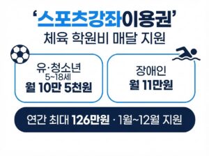 스포츠강좌이용권 2026 신청과 사용법, 연 126만원 놓치지 마세요 4 스포츠강좌이용권 지원금액 카드뉴스 - 유청소년 5~18세 월 10만 5천원, 장애인 월 11만원, 연간 최대 126만원, 1월부터 12월까지 지원