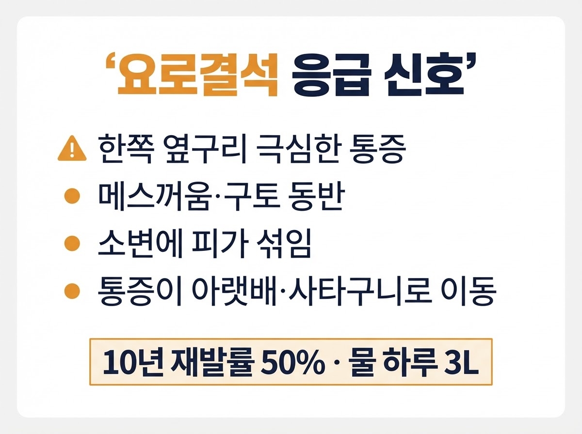 요로결석 증상과 치료, 10년 재발률 50%를 낮추는 방법 1 요로결석 응급 신호 카드뉴스 - 한쪽 옆구리 극심한 통증, 메스꺼움 구토 동반, 소변에 피가 섞임, 통증이 아랫배 사타구니로 이동, 10년 재발률 50%, 물 하루 3L
