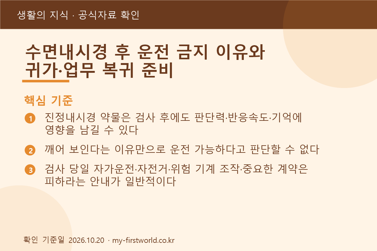 수면내시경 후 운전 금지 이유와 귀가·업무 복귀 준비 - 핵심 기준