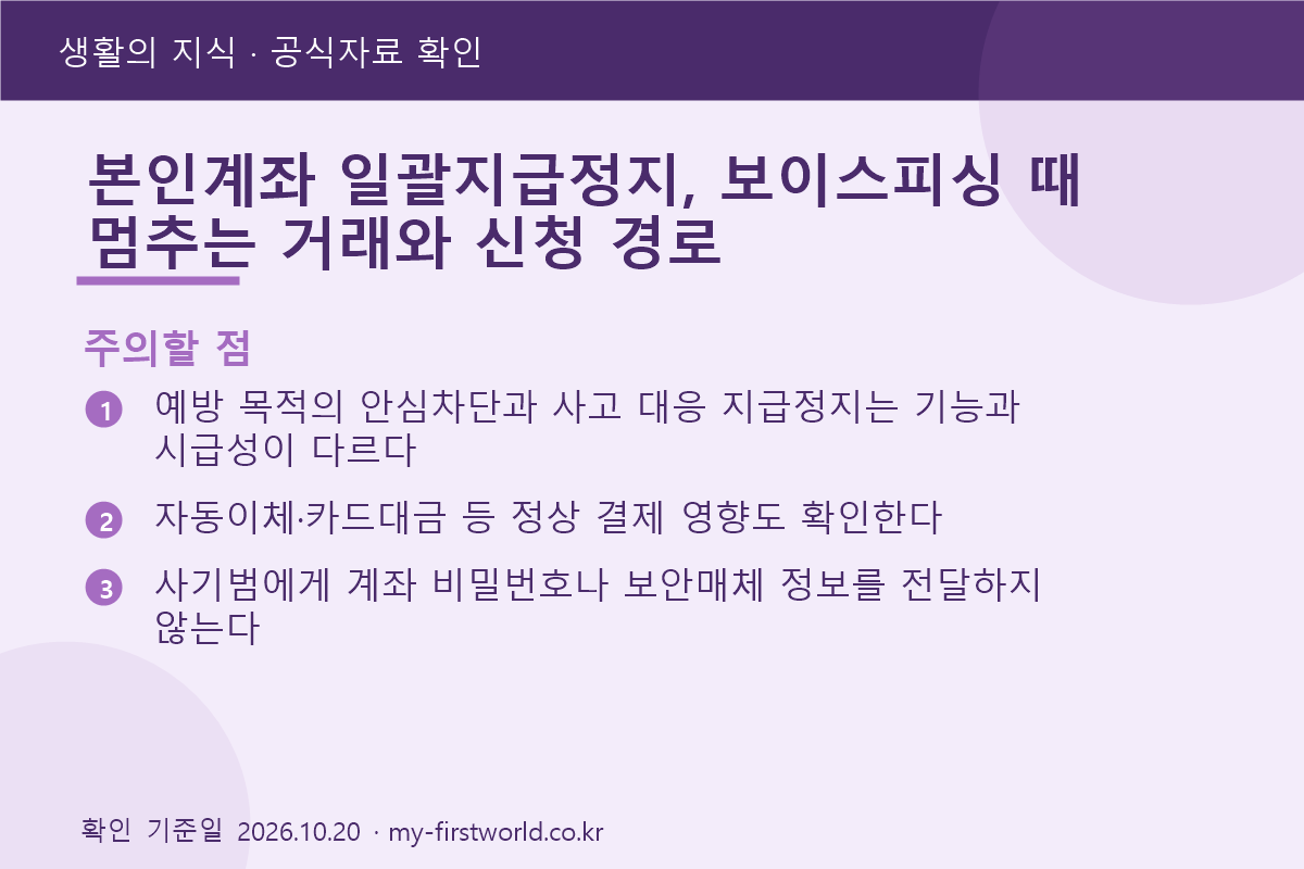 본인계좌 일괄지급정지, 보이스피싱 때 멈추는 거래와 신청 경로 3 본인계좌 일괄지급정지, 보이스피싱 때 멈추는 거래와 신청 경로 - 주의할 점