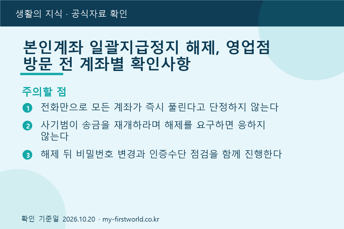 본인계좌 일괄지급정지 해제, 영업점 방문 전 계좌별 확인사항 - 주의할 점
