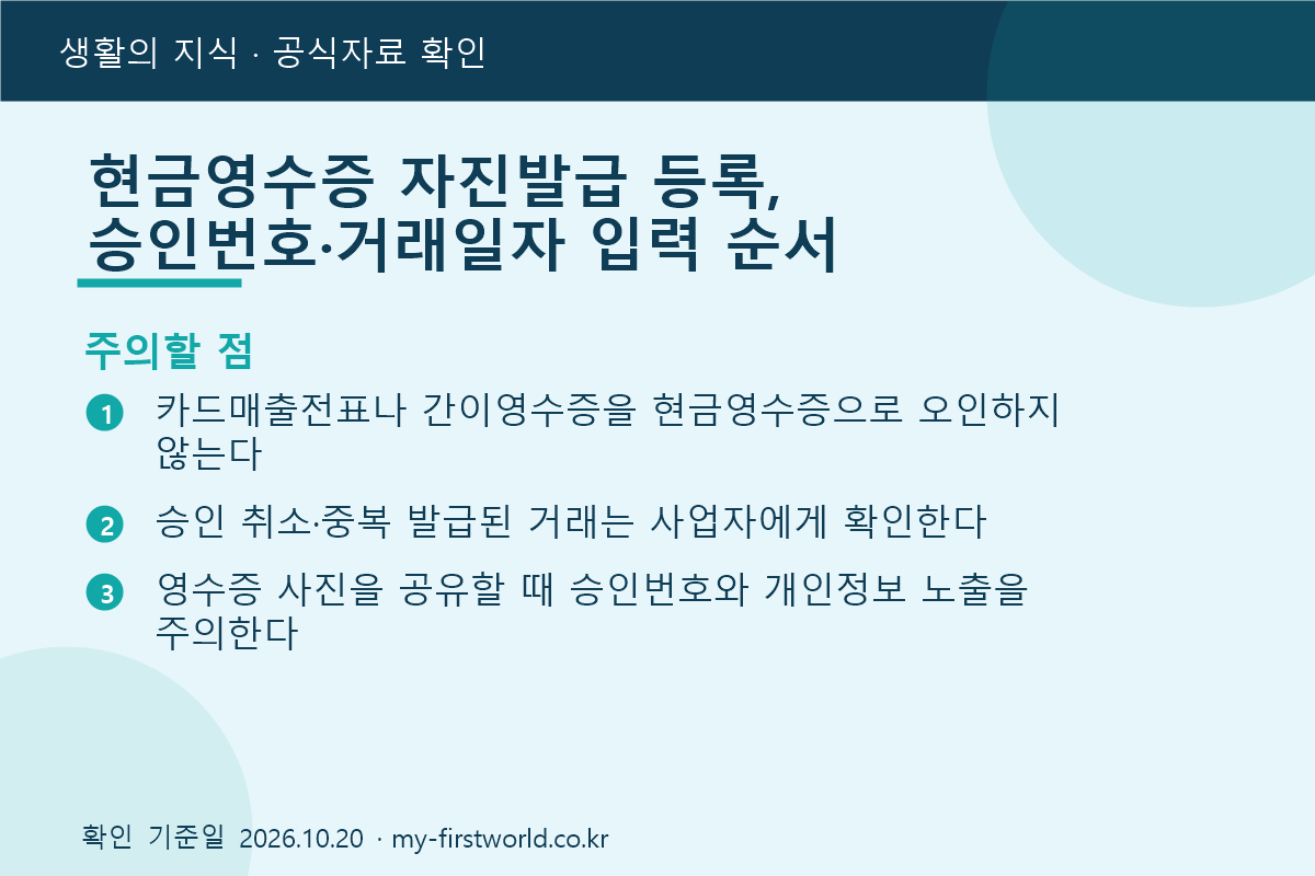 현금영수증 자진발급 등록, 승인번호·거래일자 입력 순서 3 현금영수증 자진발급 등록, 승인번호·거래일자 입력 순서 - 주의할 점
