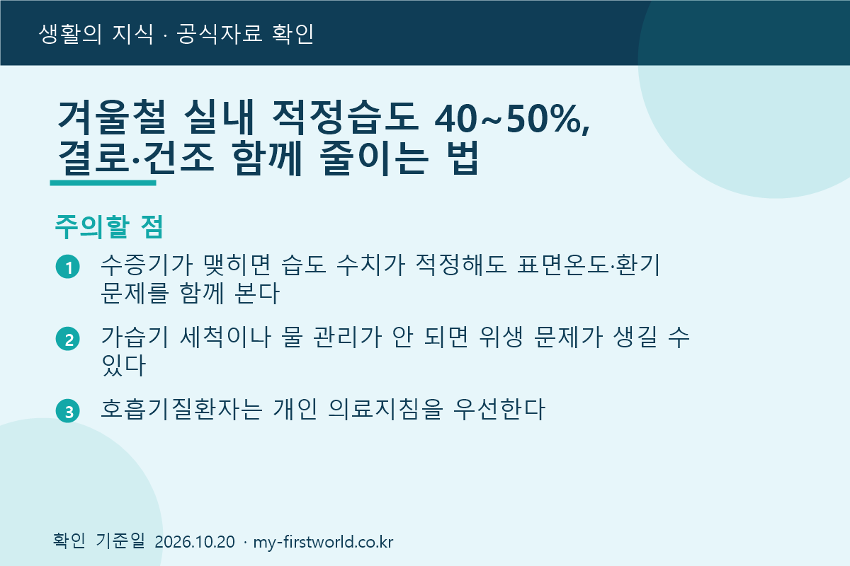 겨울철 실내 적정습도 40~50%, 결로·건조 함께 줄이는 법 - 주의할 점