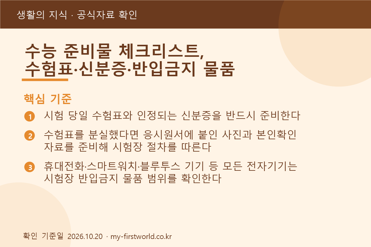 수능 준비물 체크리스트, 수험표·신분증·반입금지 물품 1 수능 준비물 체크리스트, 수험표·신분증·반입금지 물품 - 핵심 기준