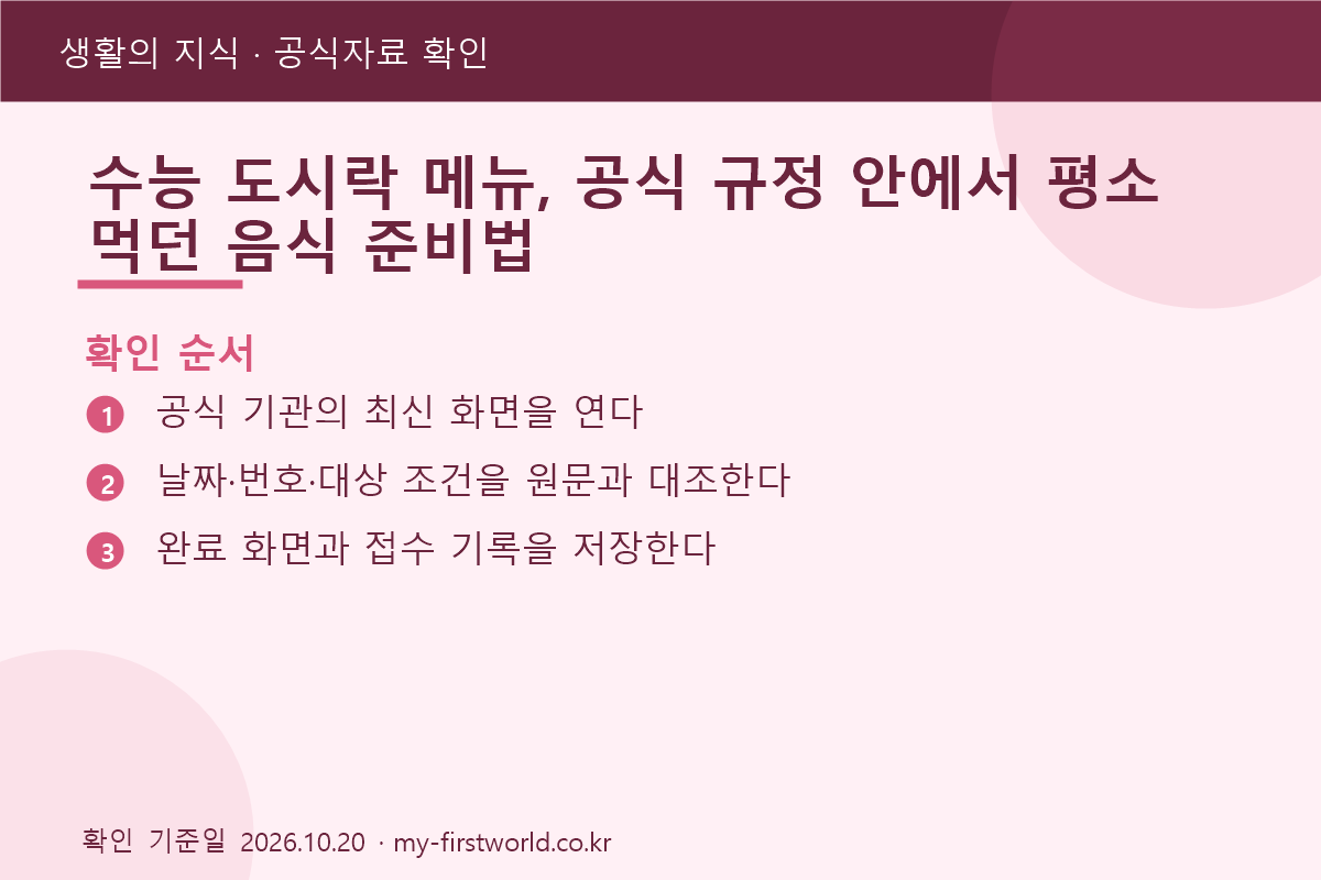 수능 도시락 메뉴, 공식 규정 안에서 평소 먹던 음식 준비법 - 확인 순서