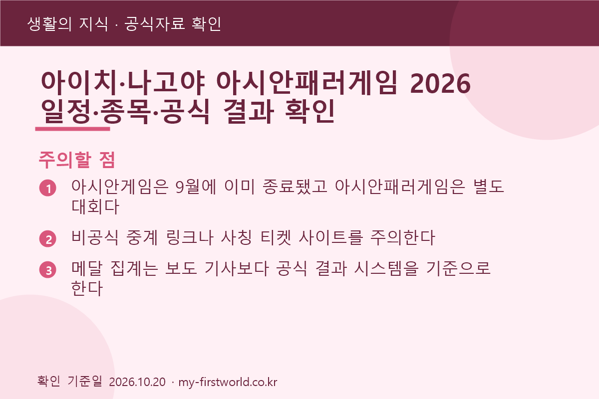 아이치·나고야 아시안패러게임 2026 일정·종목·공식 결과 확인 3 아이치·나고야 아시안패러게임 2026 일정·종목·공식 결과 확인 - 주의할 점