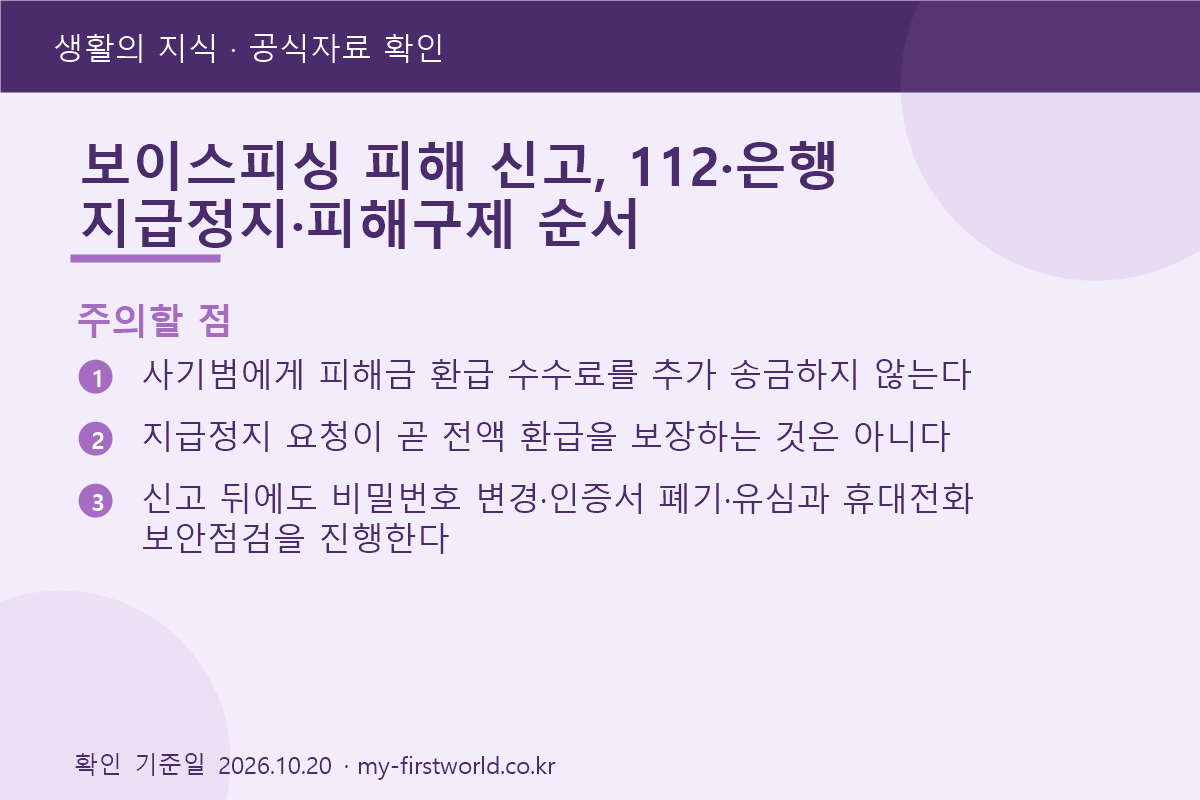 보이스피싱 피해 신고, 112·은행 지급정지·피해구제 순서 - 주의할 점