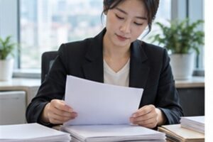 임차권등기명령 비용 관련 법원 절차 서류를 차분히 분류하는 한국인 성인과 밝은 사무 공간