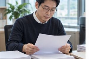 강제집행정지 신청방법, 집행이 시작된 뒤에도 막을 수 있을까 7 강제집행정지 신청방법 관련 법원 절차 서류를 차분히 분류하는 한국인 성인과 밝은 사무 공간