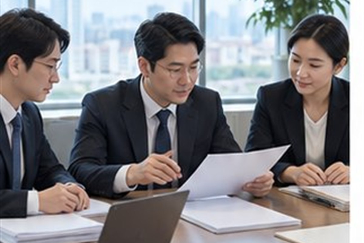 대표이사사임등기 관련 밝은 회의실에서 회사 의사록과 행정 절차를 검토하는 한국인 임원들