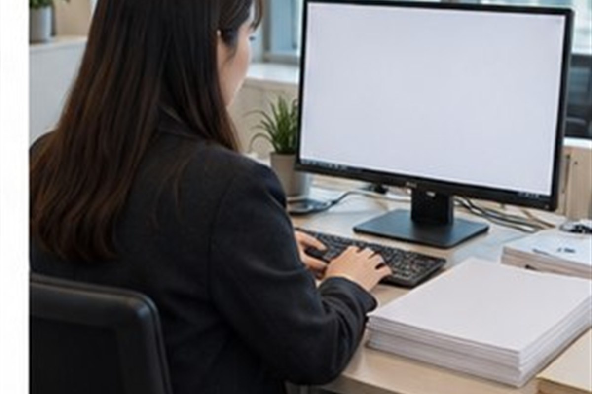 대표이사사임등기 관련 기업 행정 담당자가 컴퓨터와 빈 문서로 등기 일정을 점검하는 사무실