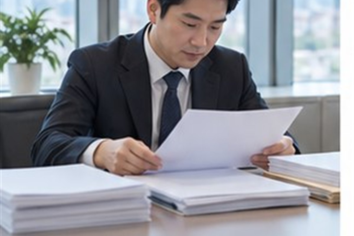 재산조회신청 비용 관련 법원 절차 서류를 차분히 분류하는 한국인 성인과 밝은 사무 공간