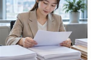 부동산강제경매 신청비용 관련 법원 절차 서류를 차분히 분류하는 한국인 성인과 밝은 사무 공간