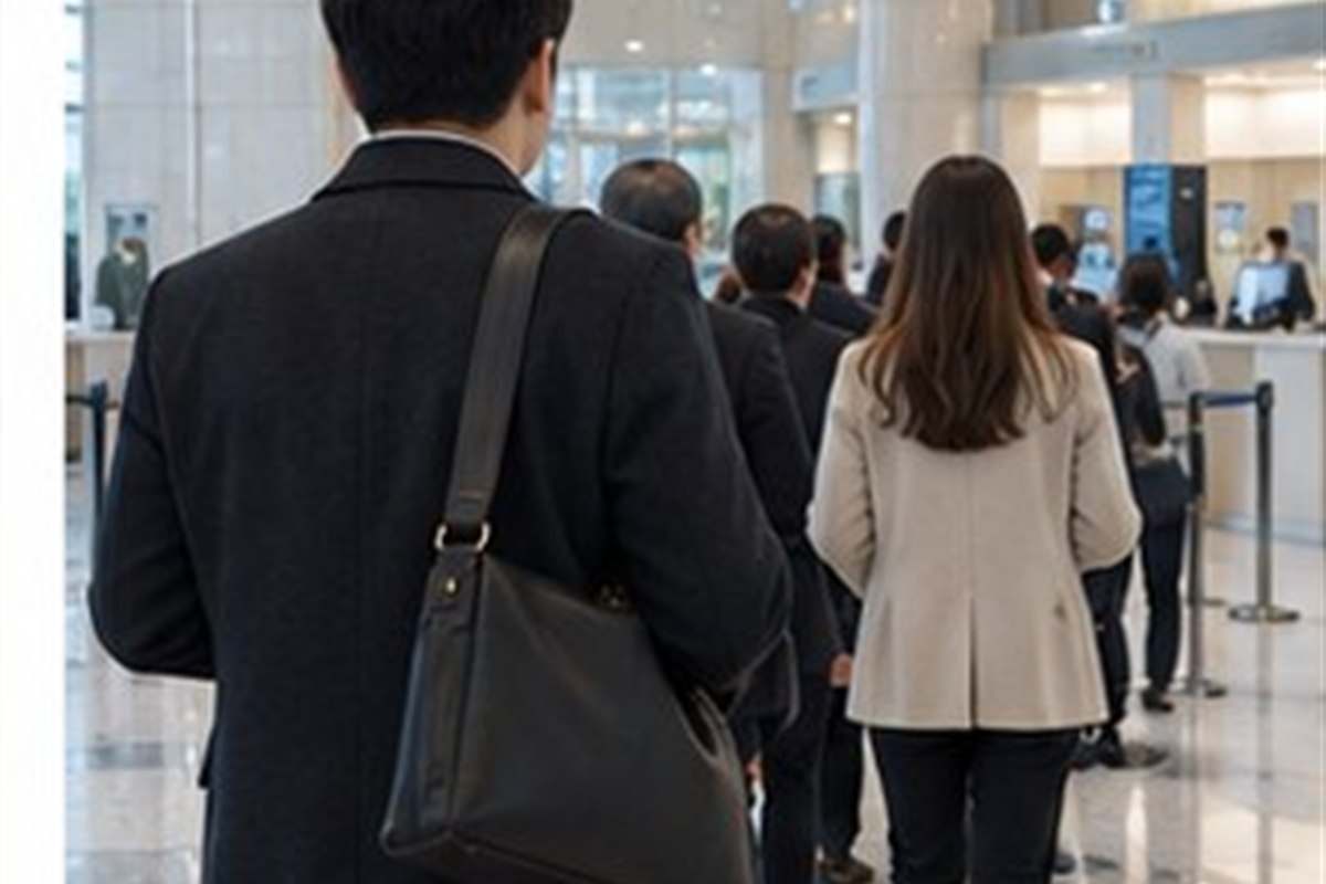 부동산강제경매 신청비용 관련 현대적인 법원 민원실 복도에서 순서를 확인하는 사람
