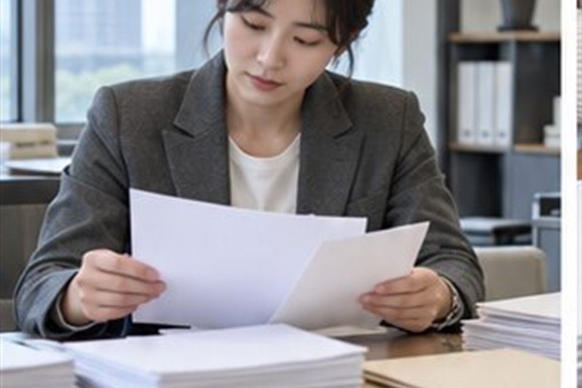 판결확정일 확인방법 관련 법원 절차 서류를 차분히 분류하는 한국인 성인과 밝은 사무 공간
