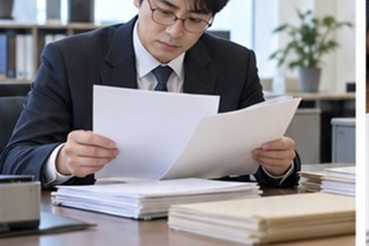가처분 담보제공명령 관련 법원 절차 서류를 차분히 분류하는 한국인 성인과 밝은 사무 공간