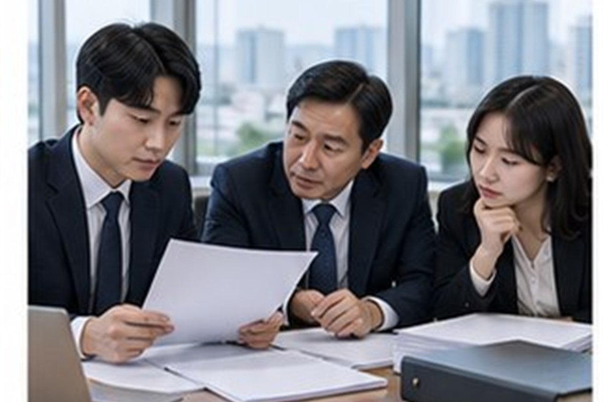 법인등기신청수수료 관련 밝은 회의실에서 회사 의사록과 행정 절차를 검토하는 한국인 임원들