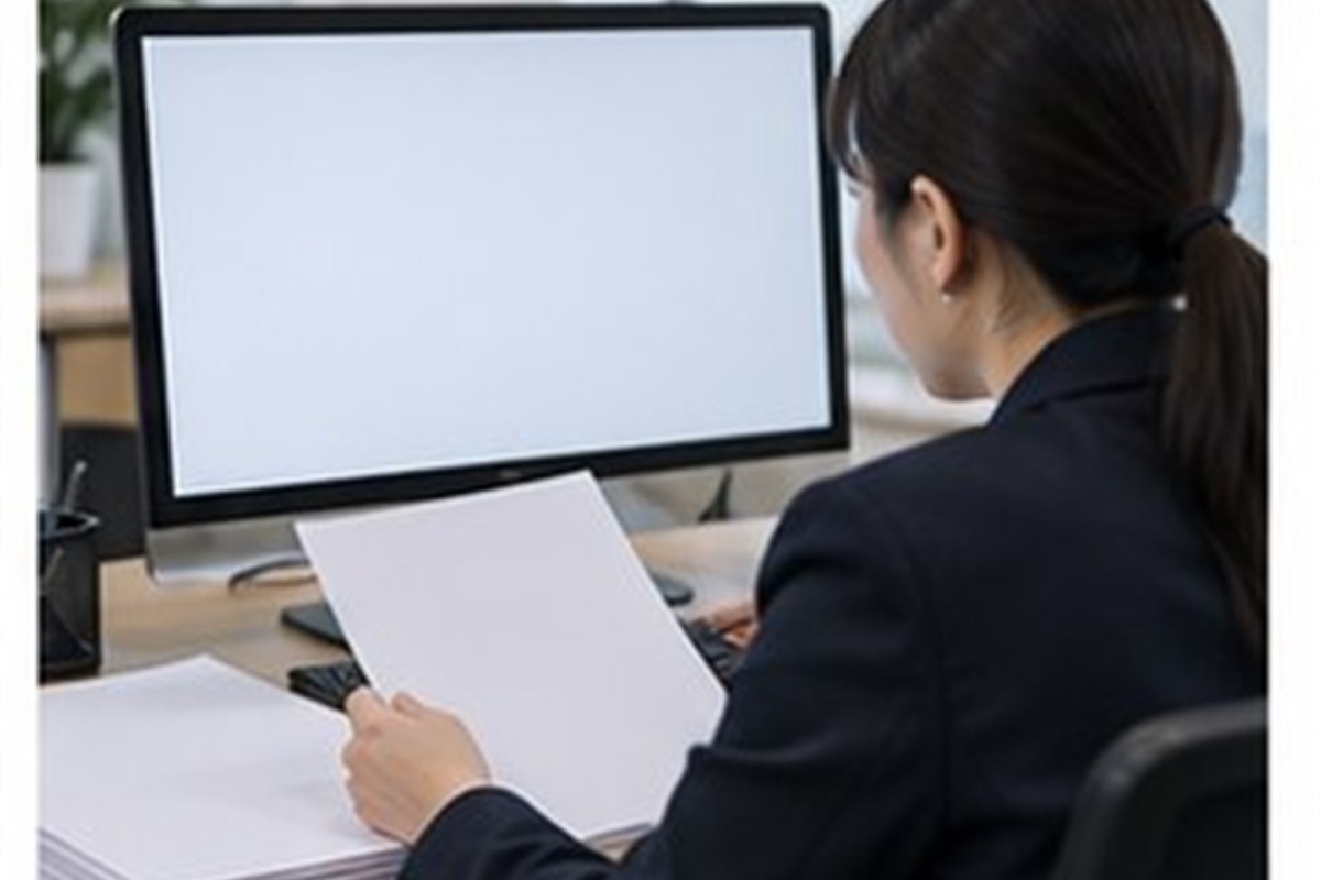 법인등기신청수수료 관련 기업 행정 담당자가 컴퓨터와 빈 문서로 등기 일정을 점검하는 사무실