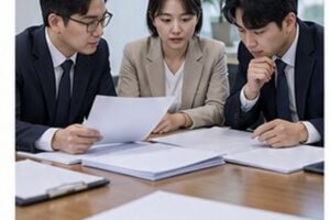 해산등기 비용, 법무사 보수보다 먼저 계산할 세금과 수수료 8 해산등기 비용 관련 밝은 회의실에서 회사 의사록과 행정 절차를 검토하는 한국인 임원들
