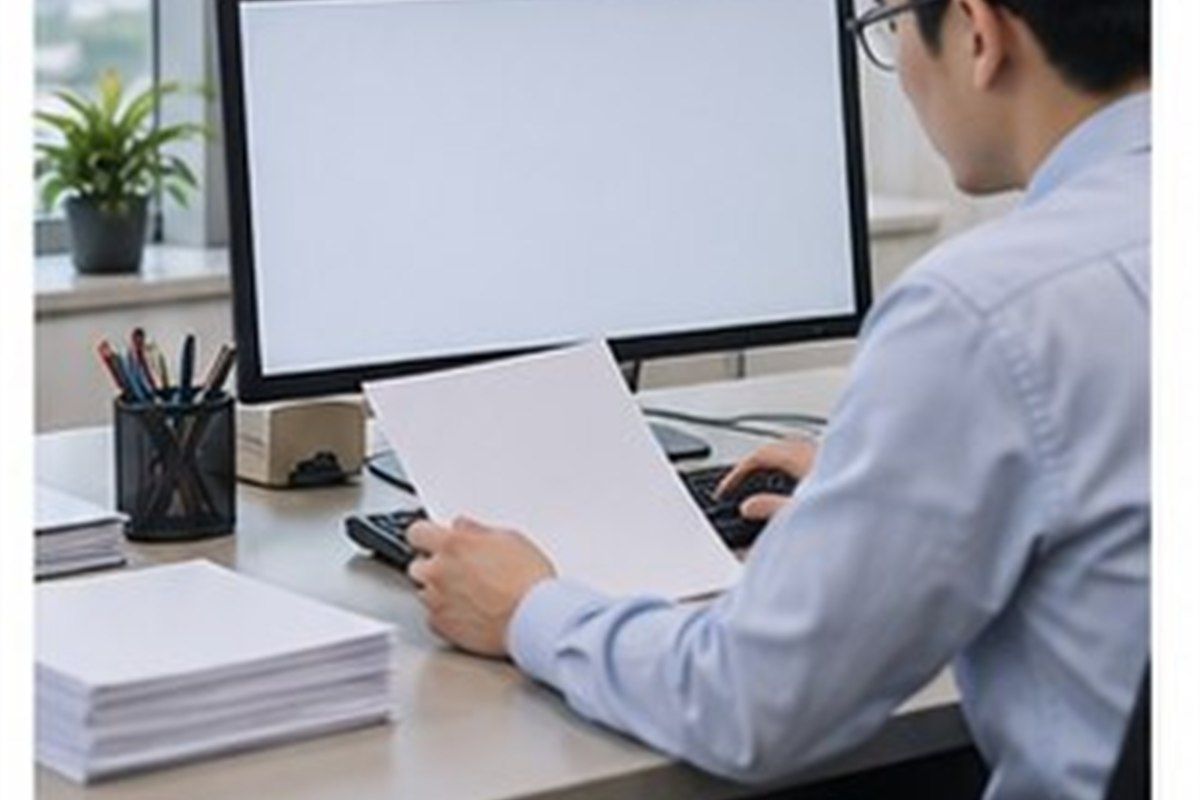 해산등기 비용 관련 기업 행정 담당자가 컴퓨터와 빈 문서로 등기 일정을 점검하는 사무실