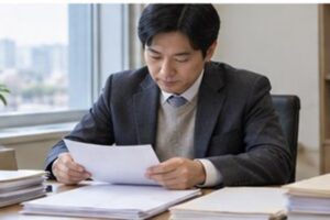 채무불이행자명부등재 말소 관련 법원 절차 서류를 차분히 분류하는 한국인 성인과 밝은 사무 공간