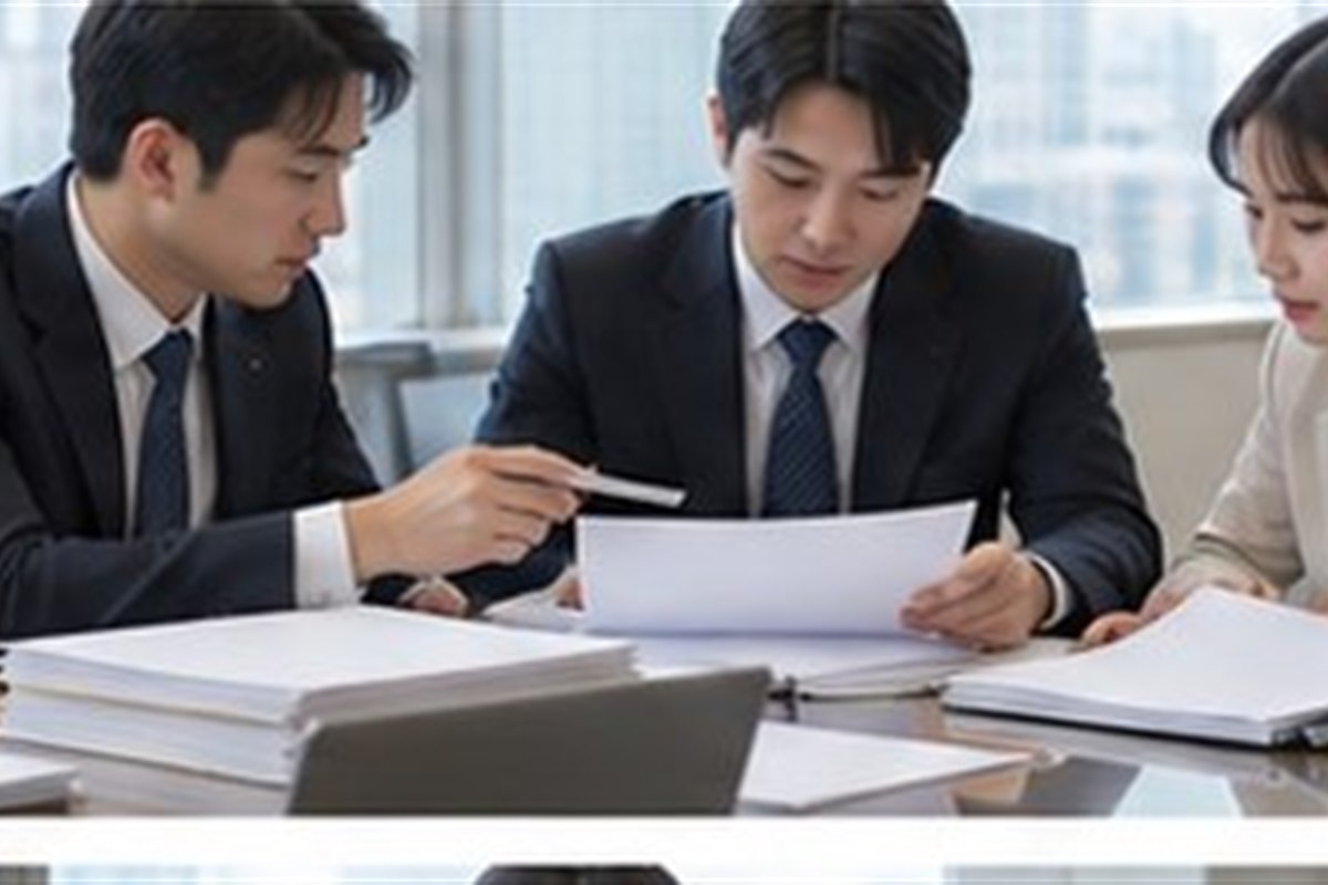 신주발행등기 관련 밝은 회의실에서 회사 의사록과 행정 절차를 검토하는 한국인 임원들