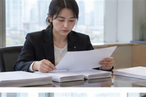 재산명시신청 비용 관련 법원 절차 서류를 차분히 분류하는 한국인 성인과 밝은 사무 공간