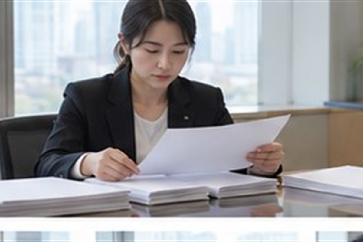재산명시신청 비용 관련 법원 절차 서류를 차분히 분류하는 한국인 성인과 밝은 사무 공간