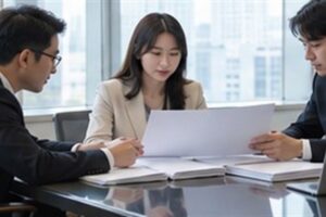 주식회사해산등기, 청산인은 언제 선임하고 무엇을 신고할까 6 주식회사해산등기 관련 밝은 회의실에서 회사 의사록과 행정 절차를 검토하는 한국인 임원들