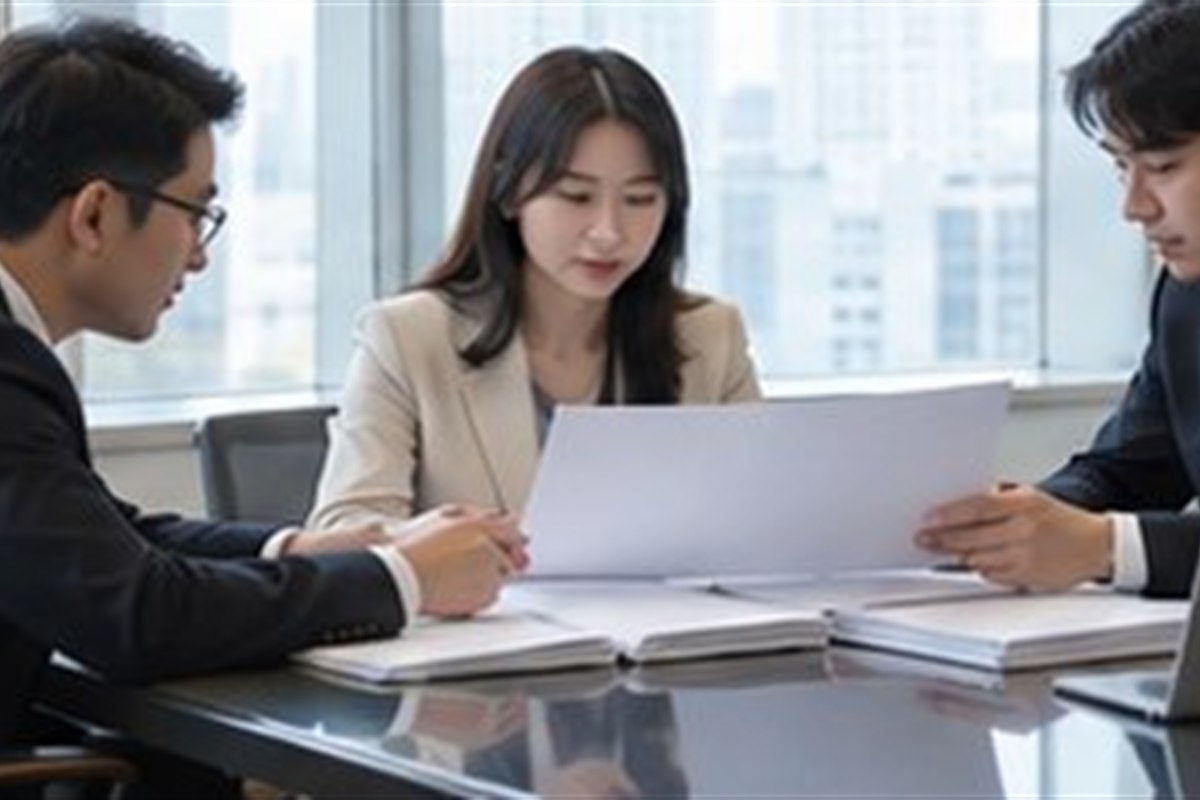 주식회사해산등기 관련 밝은 회의실에서 회사 의사록과 행정 절차를 검토하는 한국인 임원들