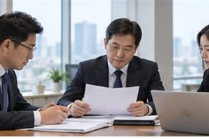 주식분할등기, 기준일과 주주명부를 먼저 맞춰야 하는 이유 5 주식분할등기 관련 밝은 회의실에서 회사 의사록과 행정 절차를 검토하는 한국인 임원들