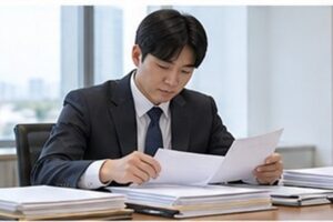 재심청구 기간 관련 법원 절차 서류를 차분히 분류하는 한국인 성인과 밝은 사무 공간