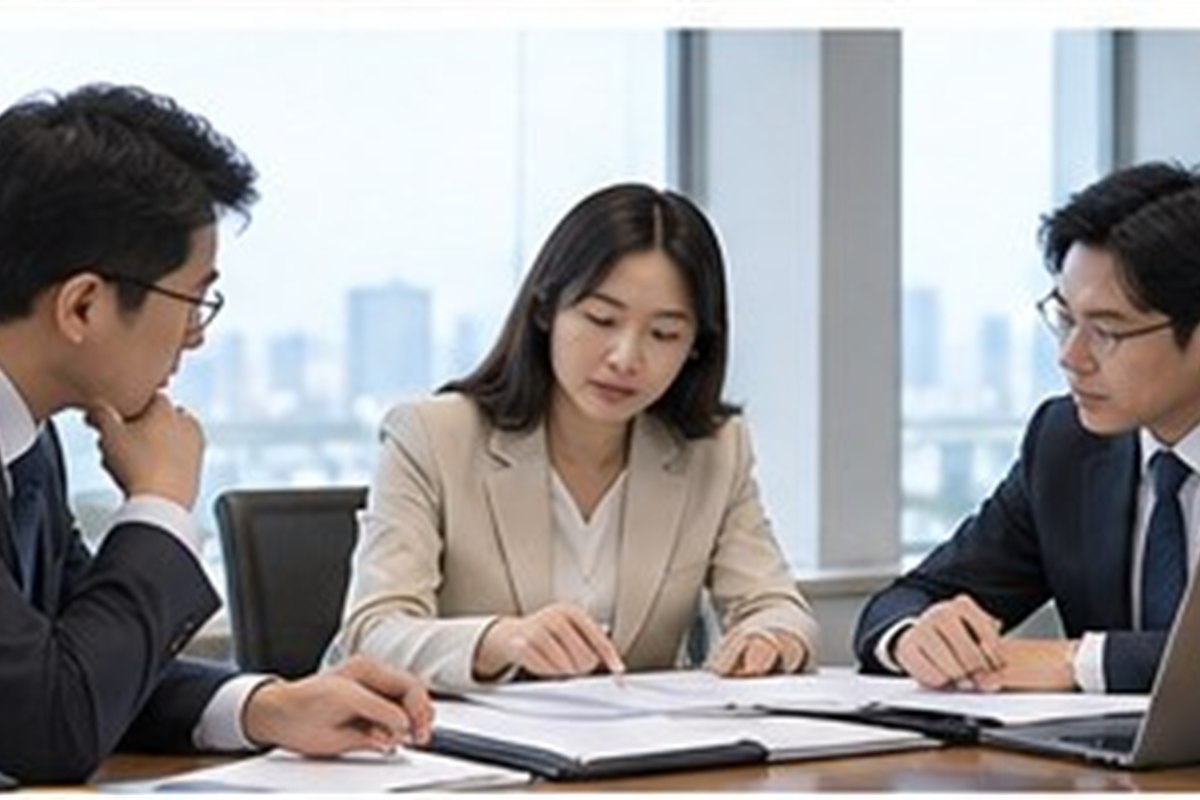 신주발행무효소송 관련 밝은 회의실에서 회사 의사록과 행정 절차를 검토하는 한국인 임원들