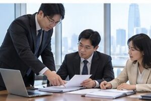법인합병등기, 채권자가 이의를 제기하면 일정은 어떻게 바뀔까 2 법인합병등기 관련 밝은 회의실에서 회사 의사록과 행정 절차를 검토하는 한국인 임원들