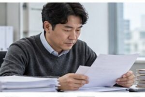 형사사건 판결문 열람 관련 법원 절차 서류를 차분히 분류하는 한국인 성인과 밝은 사무 공간