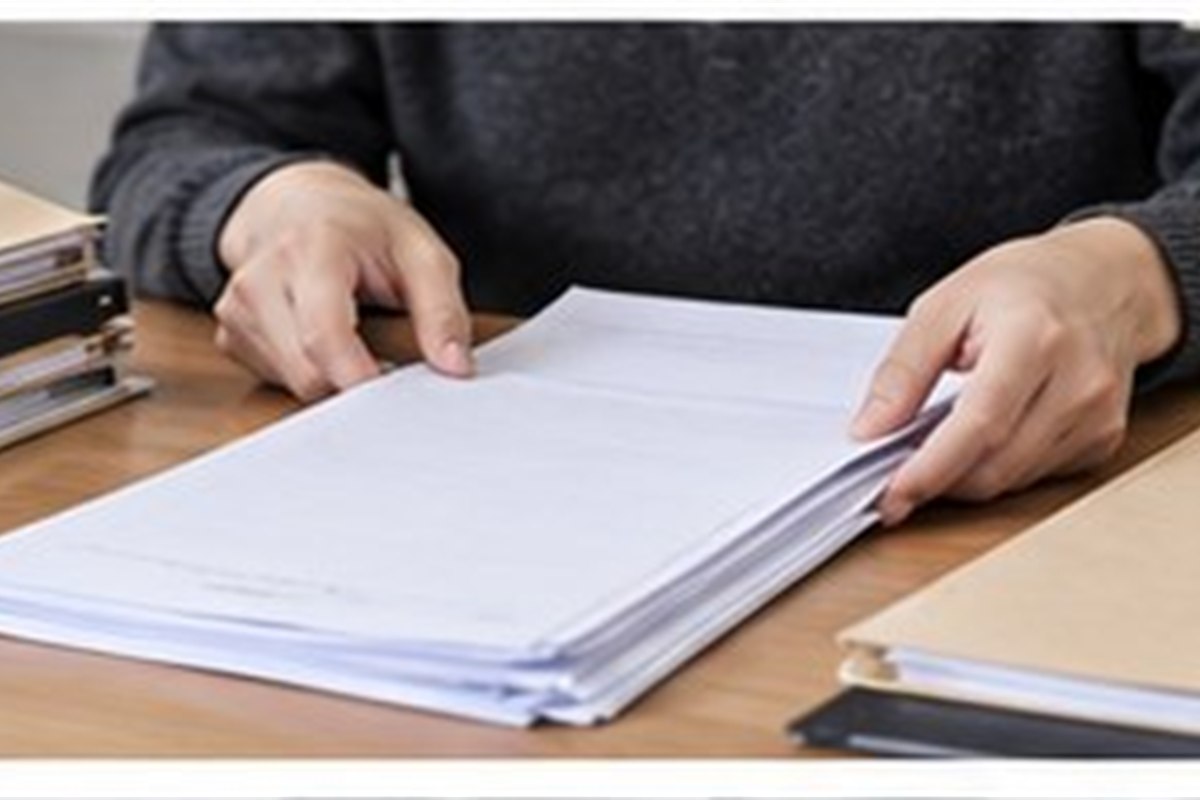 형사사건 판결문 열람 관련 글자가 보이지 않는 법률 서류와 빈 파일을 날짜순으로 정리하는 손