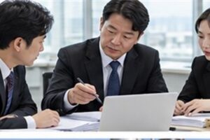 전환사채발행등기, 전환권 행사 후 자본금 변경등기까지의 순서 1 전환사채발행등기 관련 밝은 회의실에서 회사 의사록과 행정 절차를 검토하는 한국인 임원들