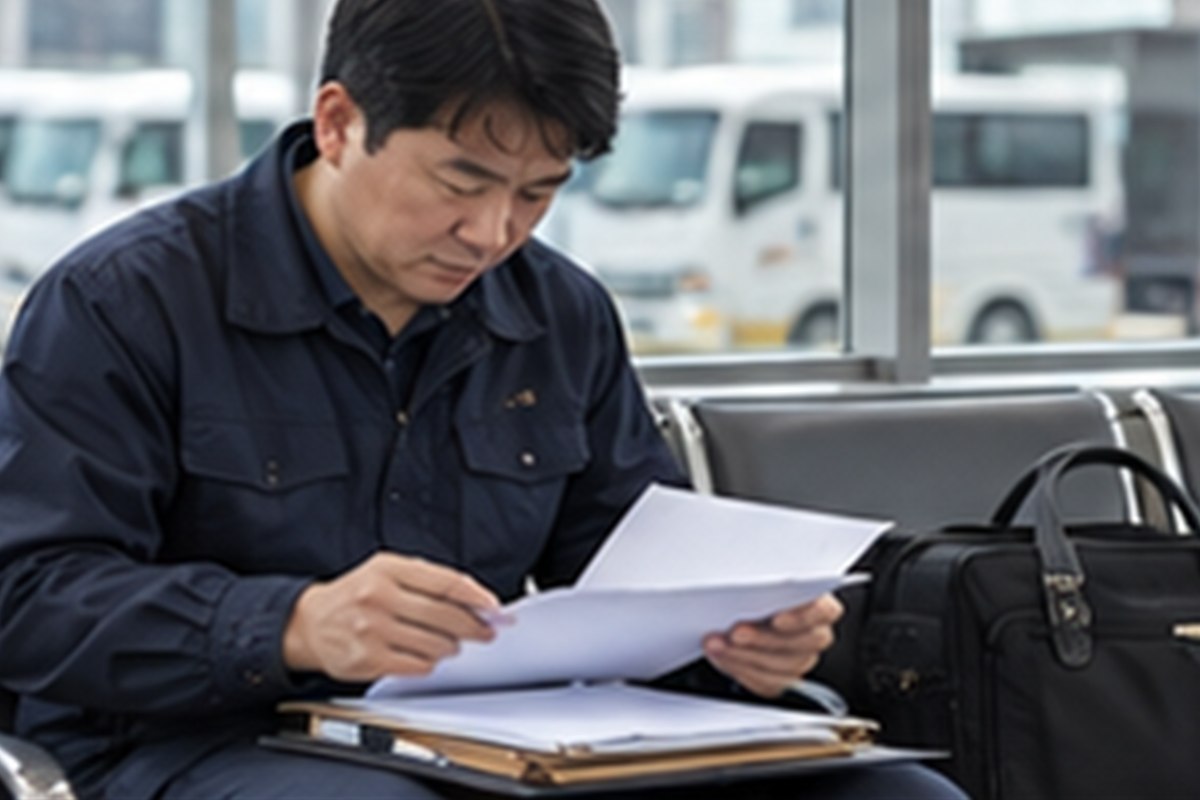 교통안전관리자시험 관련 검사장 대기 공간에서 차량 관련 서류를 정리하는 한국인 운전자