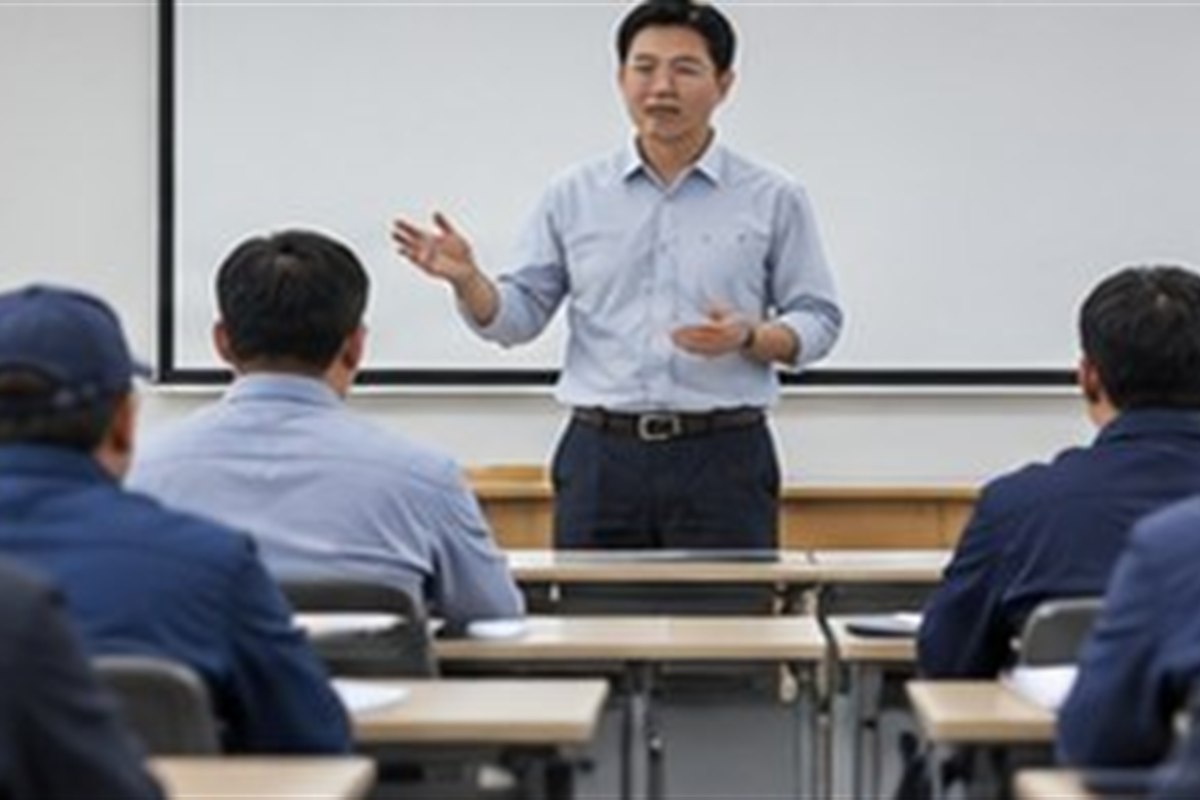 교통안전관리자시험 관련 교통안전 교육실에서 설명을 듣는 운수 종사자들